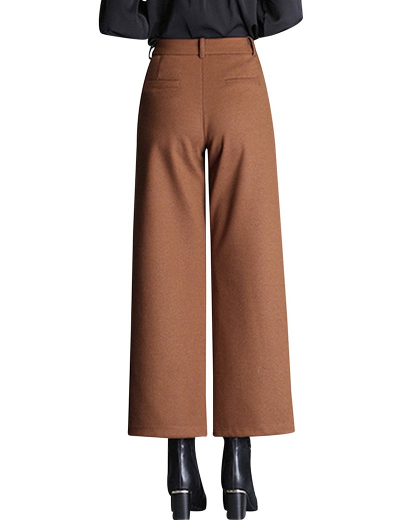 Tanming Women's Casual High Waist Trousers Wool Blend Cropped Wide Leg Pants (Large, Brown) - Image 3